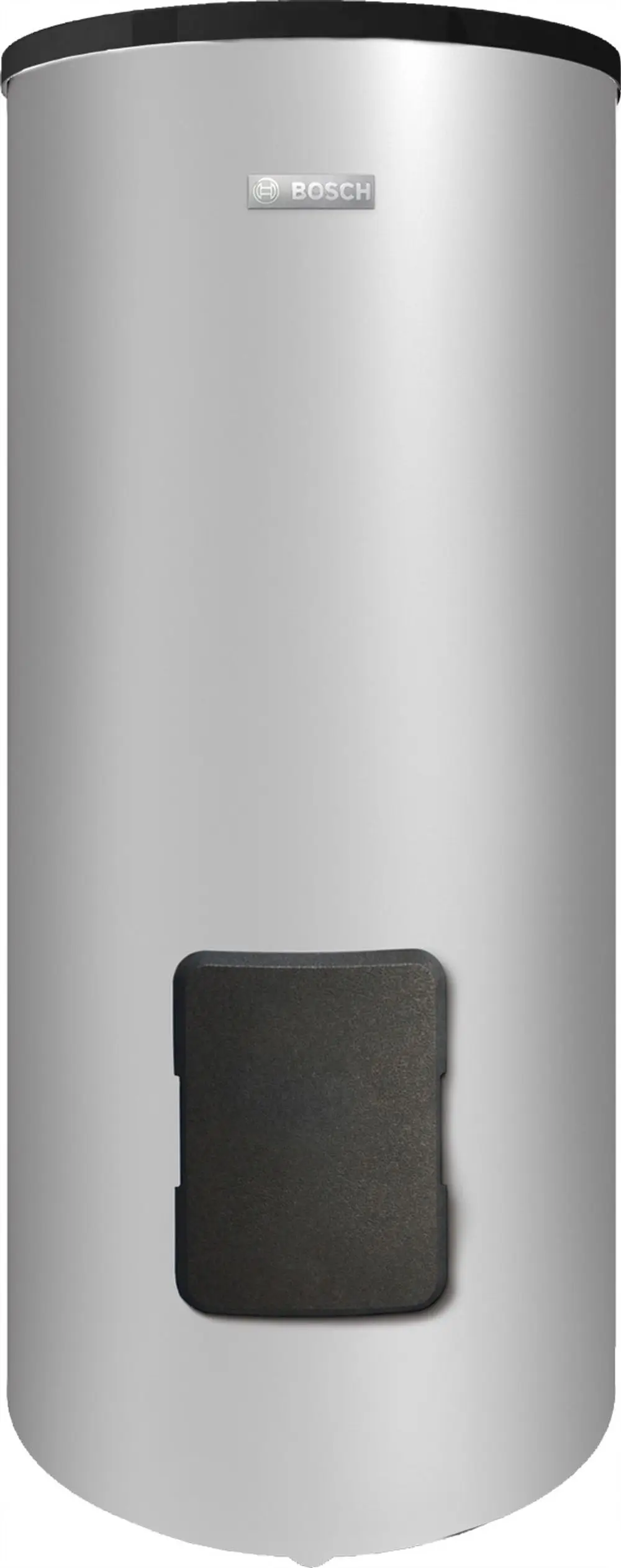 Brauner Warmwasserspeicher von Bosch mit einem emaillierten Stahlbehälter und einer metallischen, runden Form. Der untere Teil zeigt eine schwarze Abdeckung.
